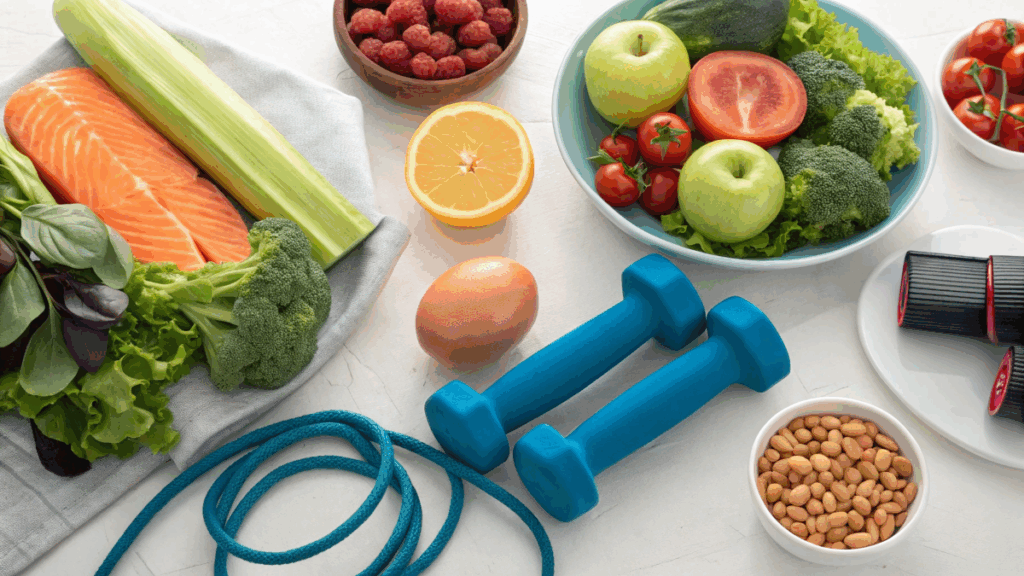 A pair of dumbbells and an elastic band on a table covered with healthy foods like salmon, salad, and nuts