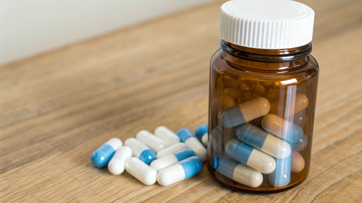 phentermine capsules in bottle on counter