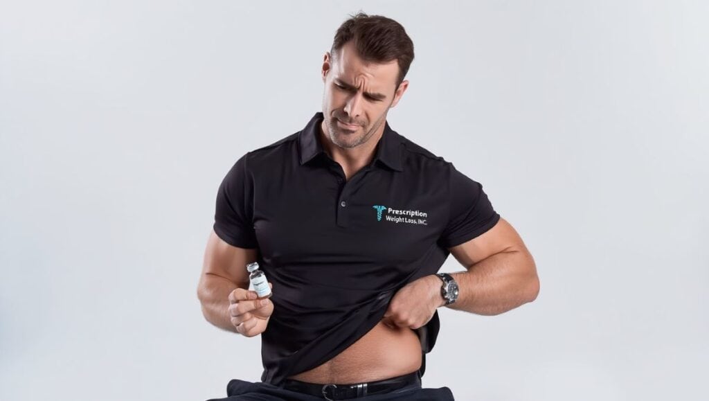 Injection Location Question Wondering about injection site Syringe and man showing weight loss progress, Prescription Weight Loss clinic focus.