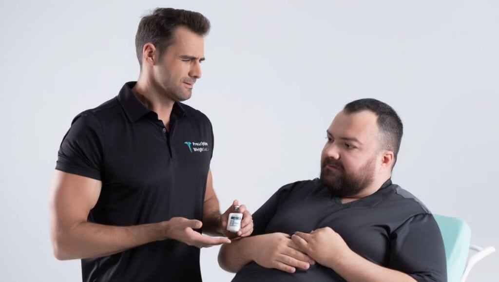 Healthcare professional from Prescription Weight Loss, Inc. showing overweight man how to inject Tirzepatide