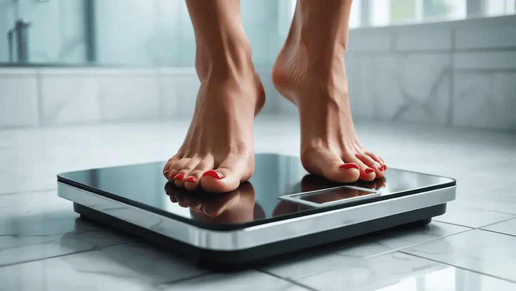 Closeup of feet on a scale tracking weight loss