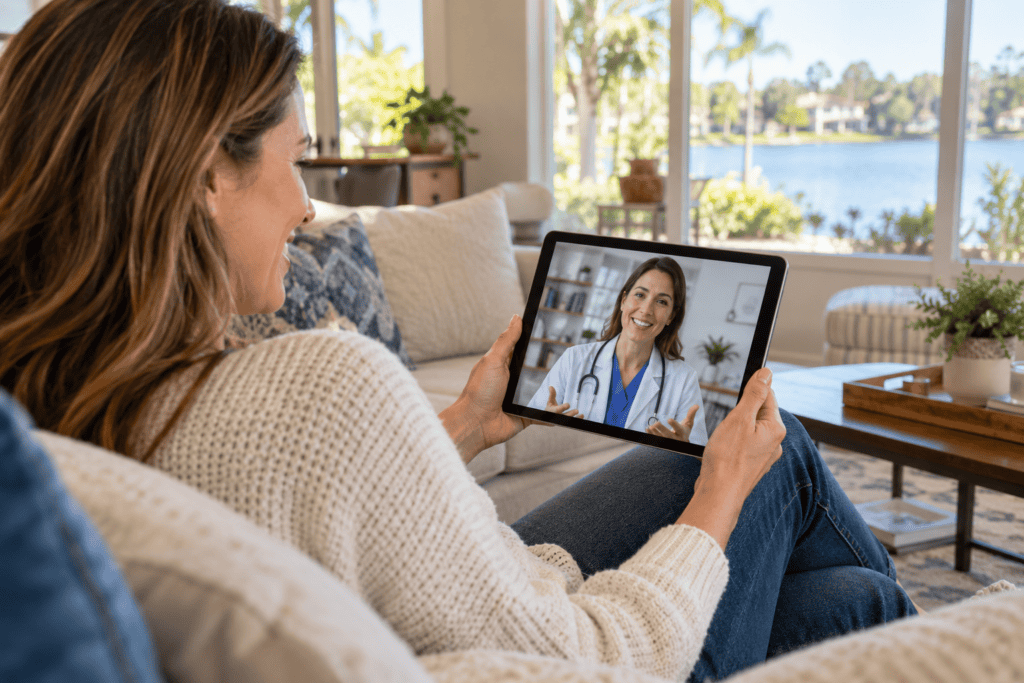 Relaxed at-home telehealth consultation Woman consulting with a doctor via video call at home for weight loss advice.